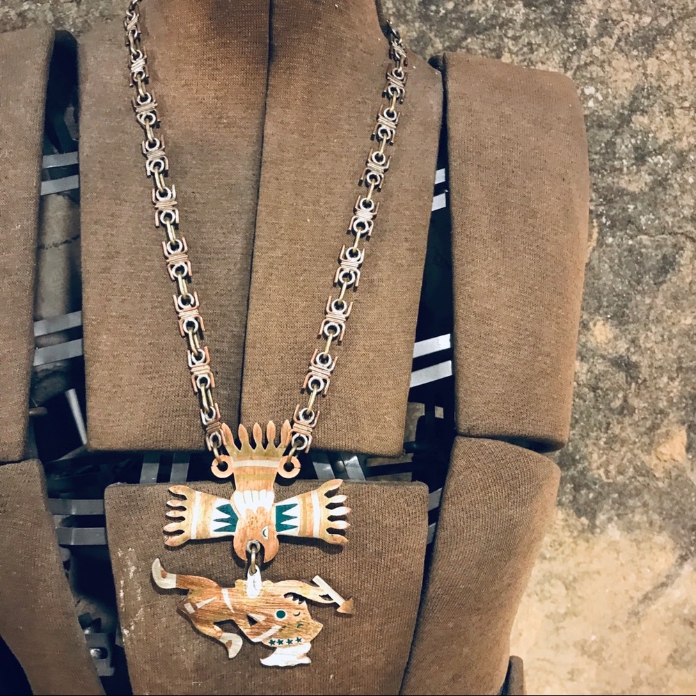 Vintage Mexican eagle warrior necklace mixed media